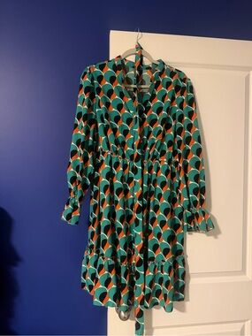 SHEIN Teal, Orange & Black Geometric Midi Dress